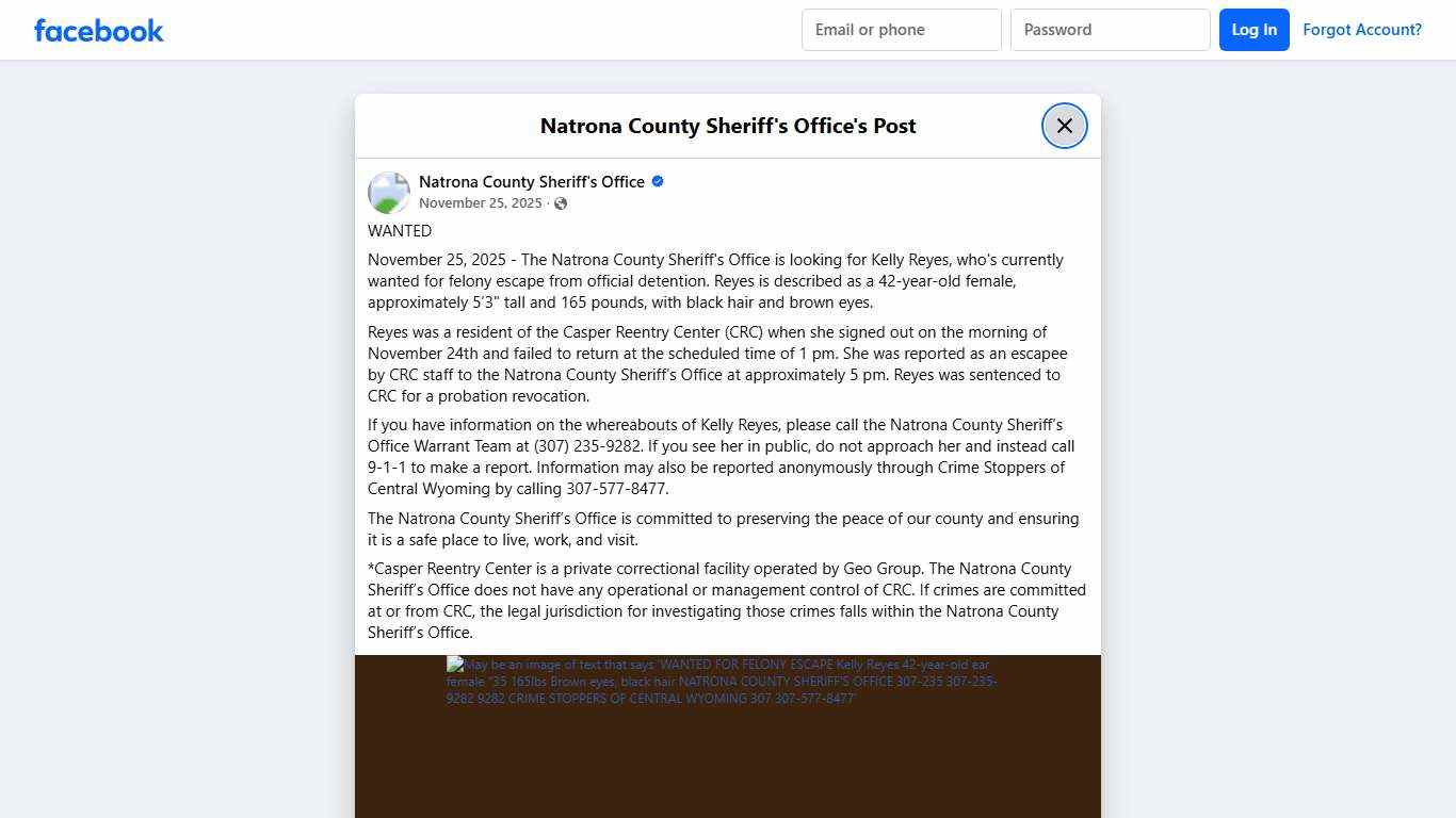 WANTED November 25,... - Natrona County Sheriff's Office Facebook